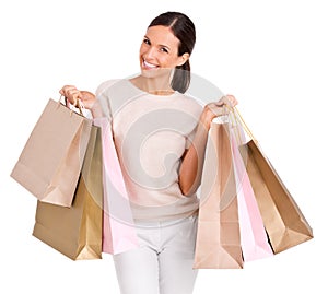 Fashion, shopping and portrait of woman on a white background with bag for sale, discount and deal. Excited, happy