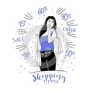 Fashion shopping woman with shopping bags. Shopping mania. Flat vector and illustration.