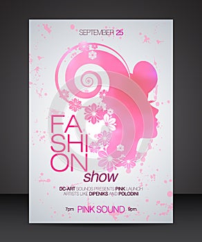 Fashion show flyer with floral hair pink beautiful woman silhouette