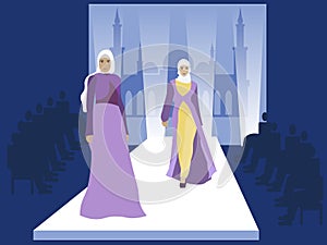 Fashion show. Muslim women models. Vogue industry. In minimalist style. Cartoon flat Vector