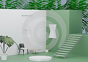 Fashion show stage with house interior design theme. Empty scene for cosmetic show and mock up. Modern living room concept