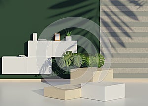 Fashion show stage podium with tropical palm leaves shadows and Monstera plant. Empty scene for product show and mock up. Summer