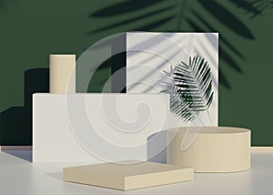 Fashion show stage podium with tropical palm leaves shadows and Monstera plant. Empty scene for product show and mock up. Summer