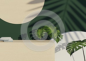 Fashion show stage podium with tropical palm leaves shadows and Monstera plant. Empty scene for product show and mock up. Summer