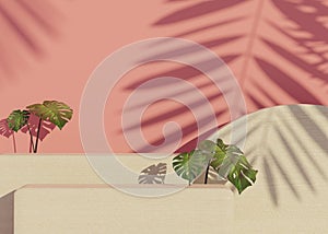 Fashion show stage podium with tropical palm leaves shadows and Monstera plant. Empty scene for product show and mock up. Summer