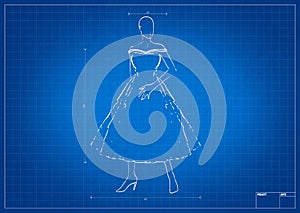 Fashion sketch on blueprint