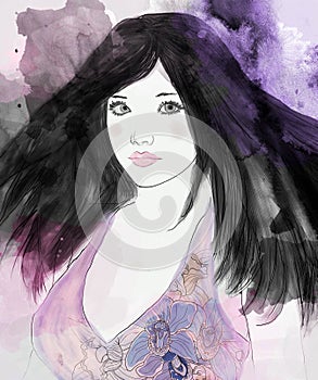 Fashion sketch of a girl with long black hair