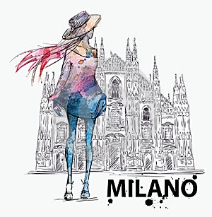 Fashion sketch. Girl on a Milano Duomo background photo