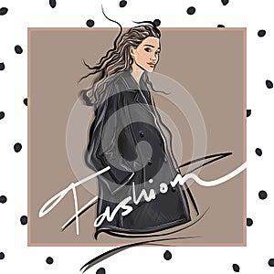 Fashion sketch girl wearing stylish designer jacket
