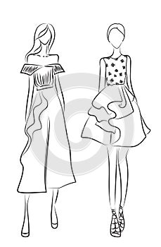 Fashion sketch. Models wearing stylish clothes on white background, illustration