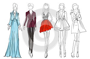 Fashion sketch. Models wearing stylish clothes on white background, illustration