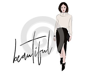 Fashion sketch. Woman in knitted sweater and midi skirt casual business illustration. Magazine portrait stylish look