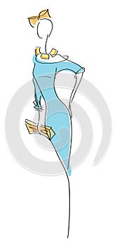 Fashion sketch woman model in glamour blue dress