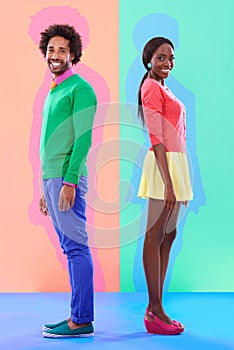 Fashion, smile and portrait of black couple in studio with colorful, trendy and stylish outfit. Happy, love and full