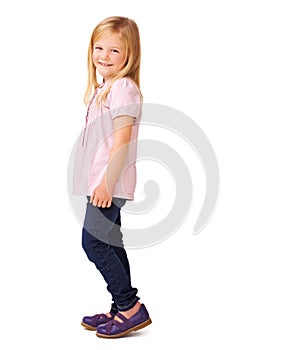 Fashion, smile and portrait of child in studio with stylish, cool and trendy outfit for kids. Happy, cute and full body