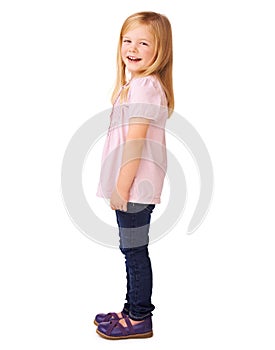 Fashion, smile and portrait of child in studio with stylish, cool and trendy outfit for kids. Happy, cute and full body