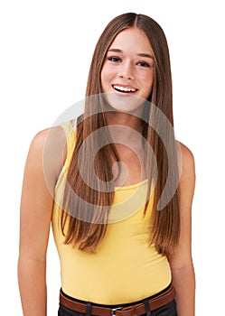 Fashion, smile and portrait of girl on a white background with positive attitude, happy and style. Teenager, youth and