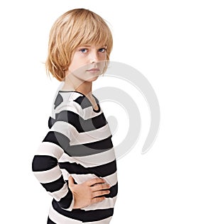 Fashion, space and portrait of child in studio for trendy, girl student and casual style. Beauty, cool and mockup with