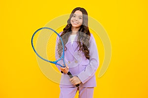 Fashion and sport concept. Teenager child with tennis racquet. Kids fitness.
