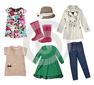 Fashion spring child girl`s clothes collage set isolated.