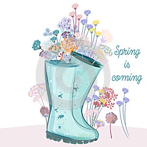 Fashion spring illustration with green rubber boots and flowers for design