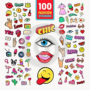 Fashion Stickers and Badges with Lips, Hands and Comic Speech Bubble. Teen Style Doodle