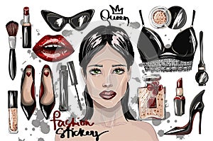 Fashion stickers girl model, crop top, lips, shoes, lipstick, sunglasses, brush and other. Makeup patches illustration.