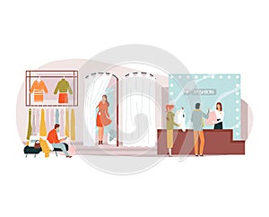 Fashion store, brand boutique, clothing retail, modern style, saleswoman at counter shop, design cartoon vector