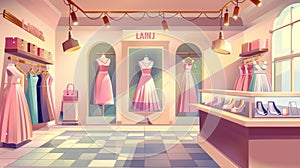 Fashion store interior with counter, mannequins, hangers and showcase of dresses and shoes. Modern cartoon illustration