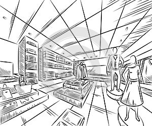 Fashion store interior design in sketch style.