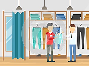 Fashion Store, Man Choosing Clothes in Boutique, Clothing Shop Interior with Shopping Assistant and Customer Cartoon