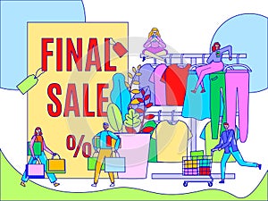 Fashion store sale concept, people buying clothes in outlet shop, flat style cartoon characters, vector illustration