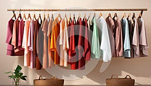 Fashion store showcasing a modern, elegant collection of multi colored garments generated by AI