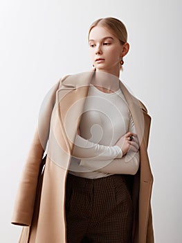 Fashion studio photo of young beautiful lady in beige coat on white background. Total beige. Fashion look book