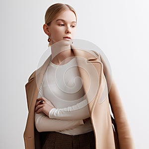 Fashion studio photo of young beautiful lady in beige coat on white background. Total beige. Fashion look book