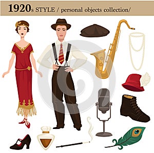 1920 fashion style man and woman personal objects