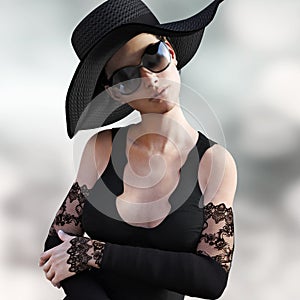 Fashion style photo of beautiful natural lady in an elegant black hat ,glasses and lace dress