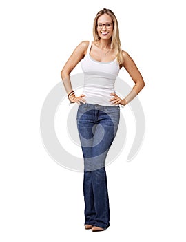 Fashion, style and portrait of woman on a white background for trendy, stylish and 2000s clothes. Style, cosmetics and