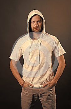 Fashion style and trend concept. Man with beard wear hood. Bearded man in casual sweatshirt. Fashion model in hoodie