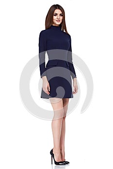 Fashion style woman perfect body shape brunette hair wear black dress suit elegance casual beautiful model secretary air hostess d