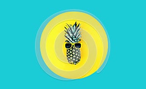 Fashion summer minimalism concept, stylish fresh pineapple in colorful sunglasses on round shaped yellow table or circle, top view