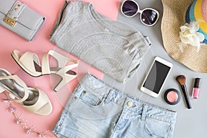 Fashion summer women clothes set with cosmetics and accessories