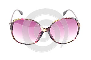 Fashion sunglasses for women. Stylish sunglasses with translucent plastic frame with flower print on a white background. View in