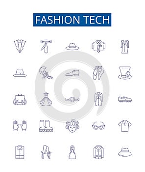 Fashion tech line icons signs set. Design collection of Style, Technology, Apparel, Wearable, Garment, Trendy, Clothing