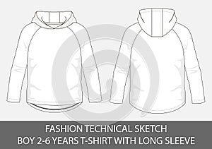 Fashion technical sketch for boy 2-6 years hoody t-shirt with long sleeve