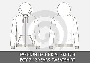 Fashion technical sketch for boy 7-12 years sweatshirt with hood