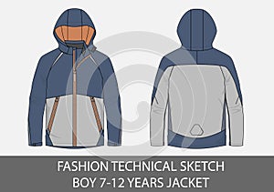Fashion technical sketch for boy 7-12 years jacket with hood photo