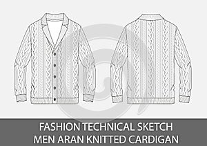 Fashion technical sketch men knit aran single-breasted cardigan
