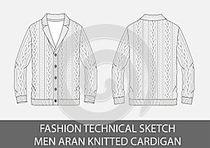 Fashion technical sketch men knit aran single-breasted cardigan photo