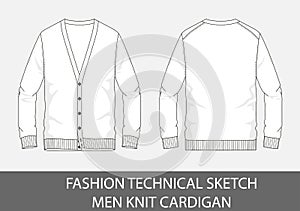 Fashion technical sketch men knit cardigan in vector graphic